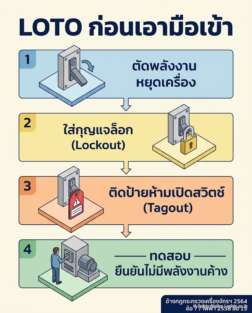 แผนภาพ isometric ลำดับ LOTO ก่อนตรวจ/ซ่อมเครื่องจักร 4 ขั้น — ตัดพลังงาน ใส่กุญแจล็อก ติดป้ายห้ามเปิดสวิตช์ และทดสอบยืนยันไม่มีพลังงานค้าง อ้างกฎกระทรวงเครื่องจักร 2564 และไฟฟ้า 2558