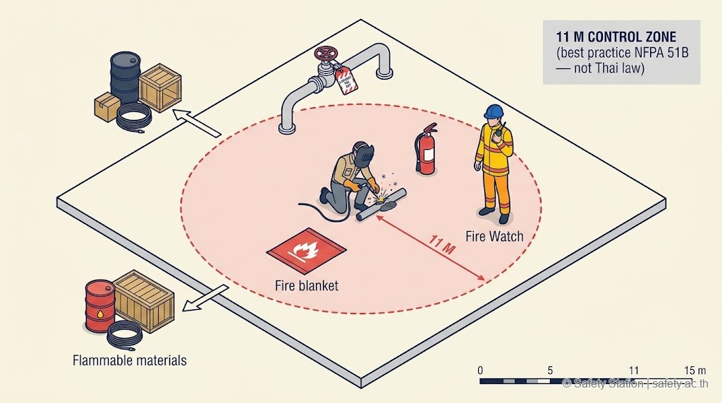 แผนภาพ isometric มุมสูงเขตควบคุม Hot Work 11 เมตร best practice NFPA 51B — ช่างเชื่อมตรงกลาง ผ้ากันไฟ ถังดับเพลิง Fire Watch ภายในเขต วัสดุไวไฟถูกเคลื่อนย้ายออก lockout วาล์วท่อแก๊ส
