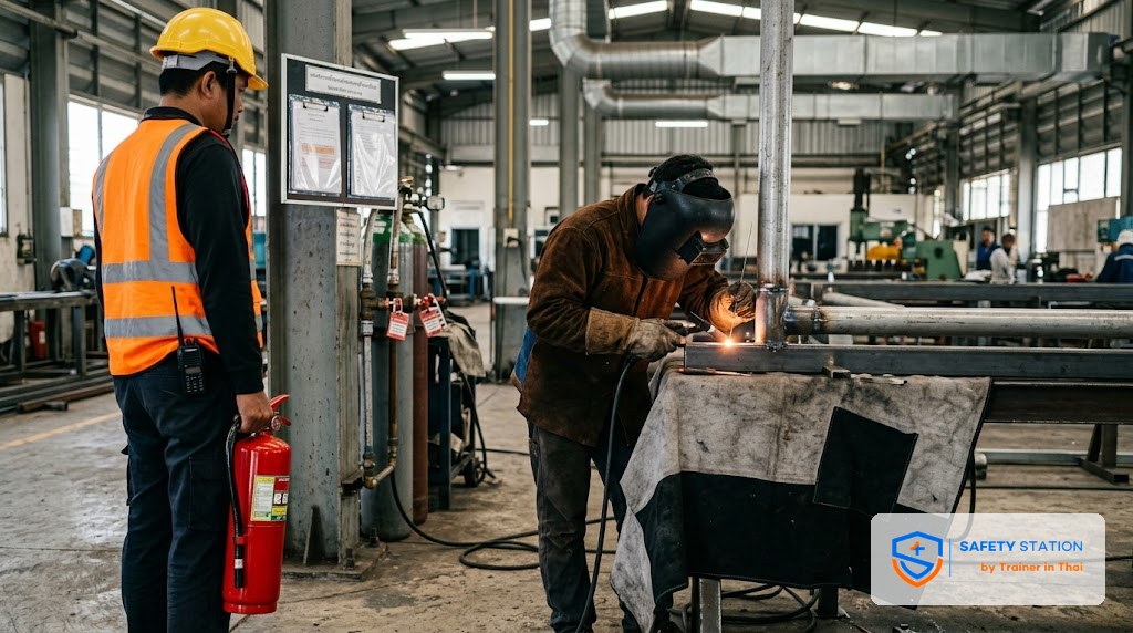 Hot Work Permit — ขั้นตอน Fire Watch งานเชื่อม/ตัด/เจียร