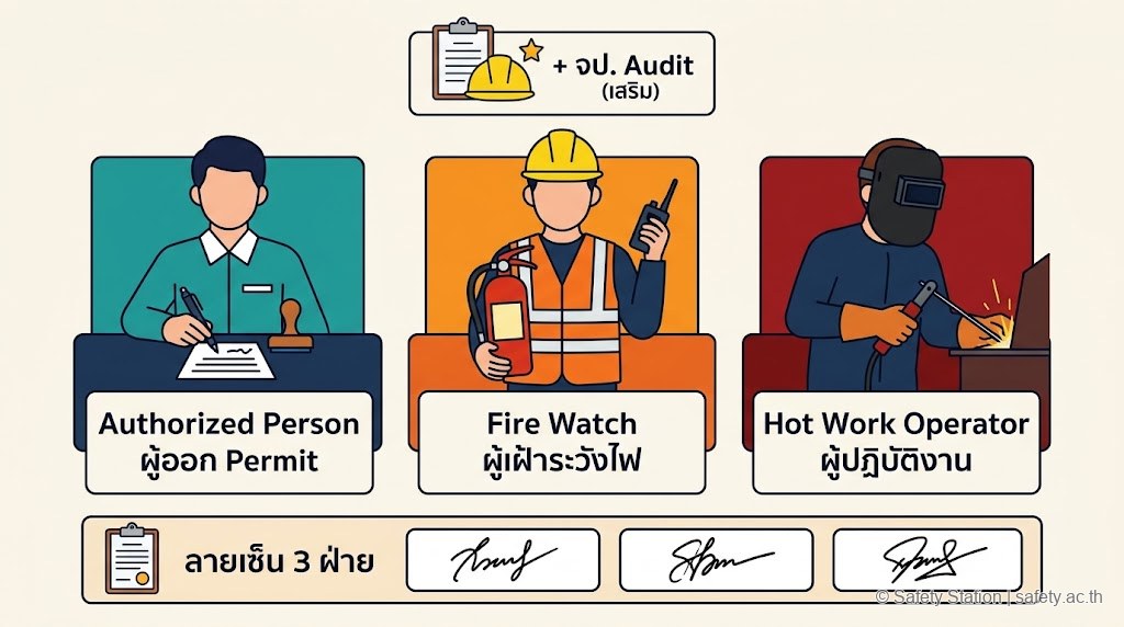 ภาพประกอบ flat 3 บทบาทใน Hot Work Permit — Authorized Person ผู้ออก permit, Fire Watch ผู้เฝ้าระวังไฟ, Hot Work Operator ผู้ปฏิบัติงาน พร้อม จป. audit เสริม