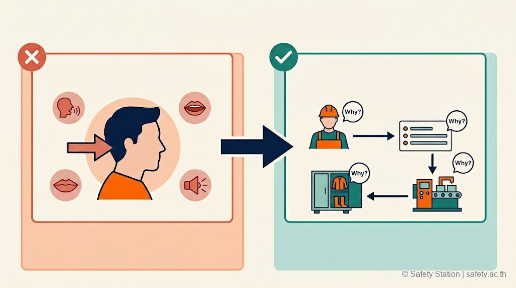 เปรียบเทียบ flat illustration สองวิธีเขียนรายงานอุบัติเหตุ — ฝั่งซ้ายกล่าวโทษบุคคล (หยุดตื้น) ฝั่งขวาเจาะลึก root cause ผ่าน Why ลงไปถึงระบบ SOP และอุปกรณ์