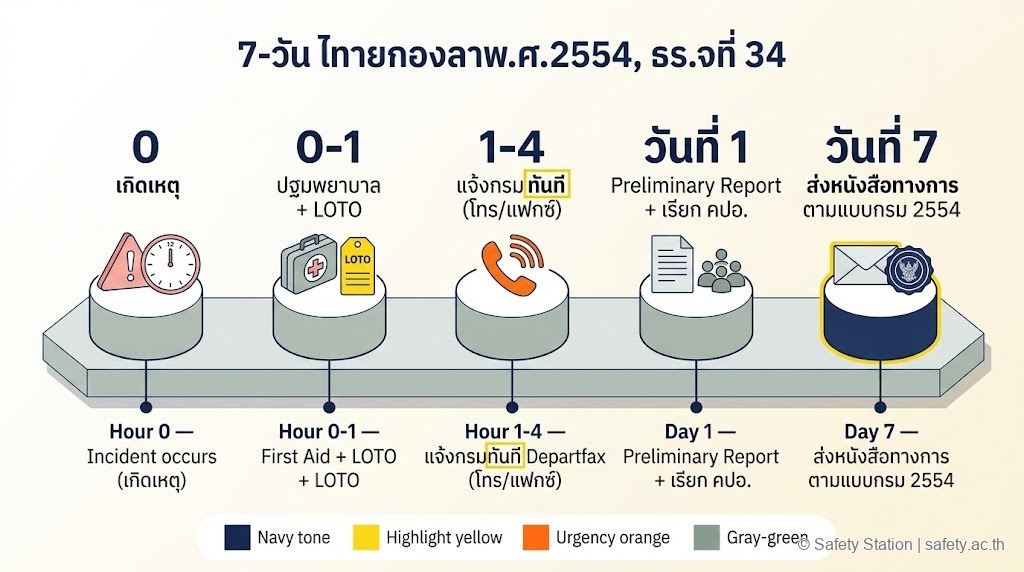 ไอโซเมตริก timeline 7 วันตามมาตรา 34 พ.ร.บ. 2554 — ชั่วโมง 0 เกิดเหตุ, 0-1 ปฐมพยาบาล LOTO, 1-4 แจ้งกรมทันที, วันที่ 1 Preliminary Report, วันที่ 7 ส่งหนังสือทางการ
