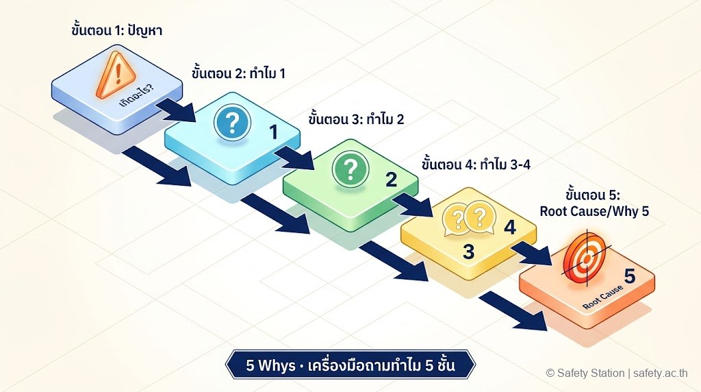 ภาพ isometric แสดงขั้นตอน 5 Whys 5 ขั้น — ตั้งปัญหา ถาม Why 1, 2, 3, 4 และ Why 5 เพื่อค้นพบ root cause
