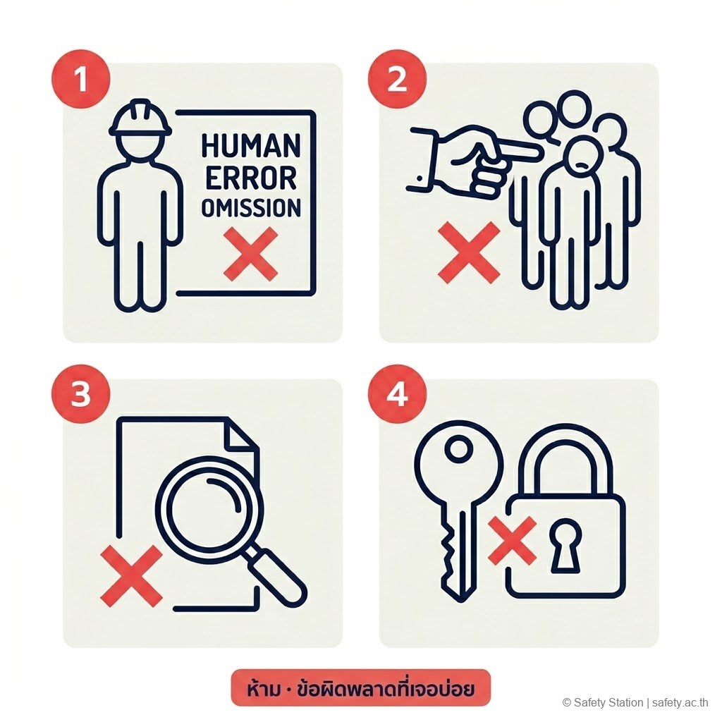 ชุดไอคอน 4 ข้อผิดพลาดที่เจอบ่อยในการสอบสวน — หยุดที่ Human Error, Blame Culture, ไม่ verify ด้วย evidence, มาตรการแก้ไขไม่ตรงสาเหตุ