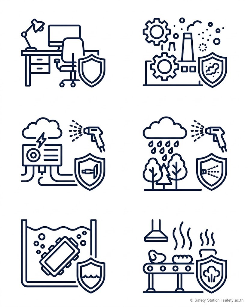 ภาพ icon-set แสดงการเลือกระดับการป้องกัน IP ตามพื้นที่ ตั้งแต่สำนักงานในร่ม พื้นที่ฝุ่น กลางแจ้ง จุ่มน้ำ ถึงสายการผลิตอาหารฉีดน้ำร้อน