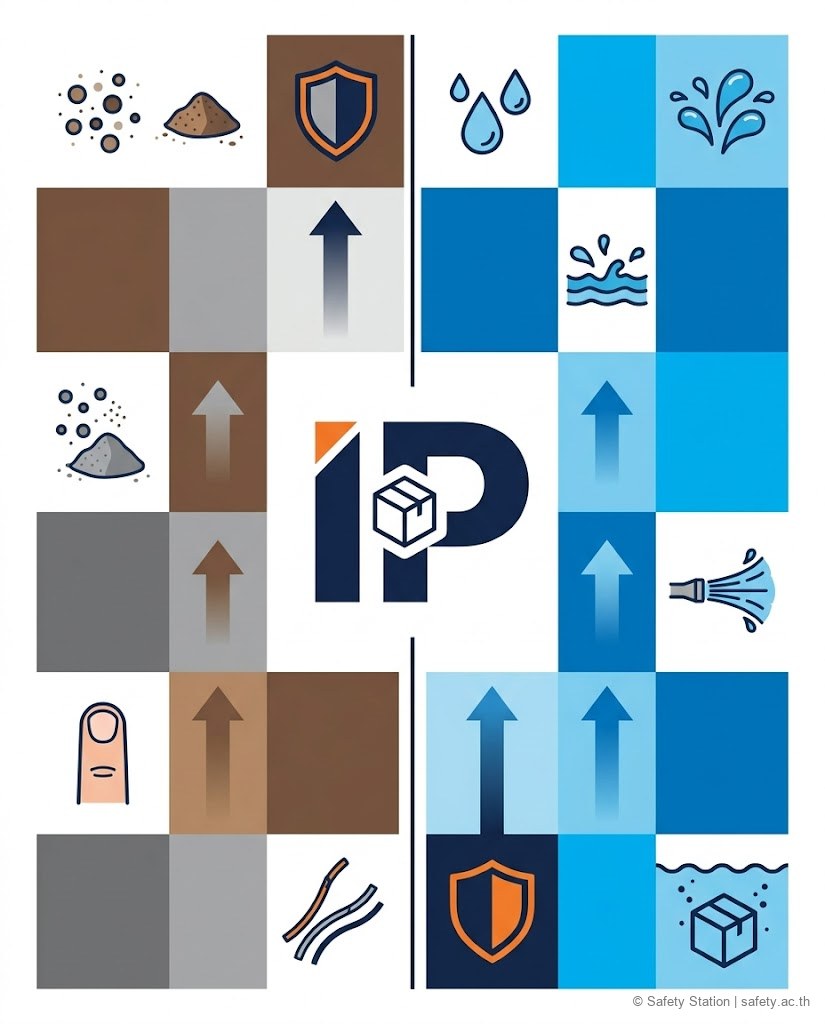 ภาพ infographic อธิบายรหัส IP สองหลัก เลขหลักแรกกันของแข็งและฝุ่น เลขหลักสองกันน้ำ พร้อมไอคอนไล่ระดับการป้องกัน