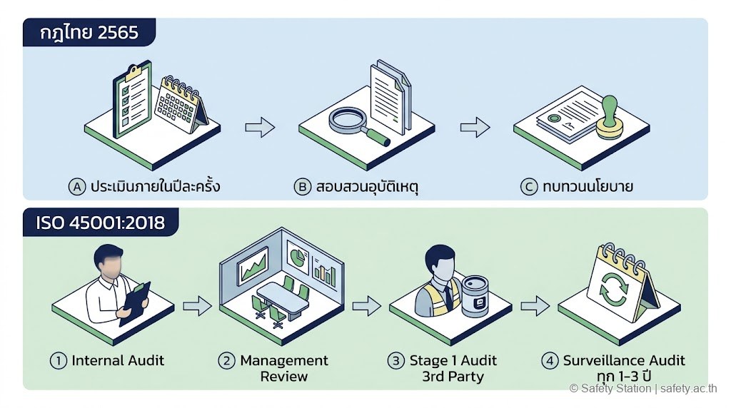 ภาพ isometric เปรียบเทียบกระบวนการ audit ของกฎไทย 2565 ที่ไม่บังคับ external audit กับ ISO 45001 ที่ต้องมี 3rd-party certification