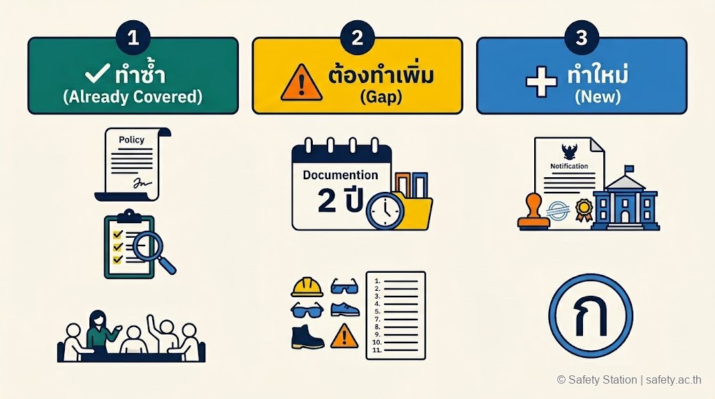 ภาพประกอบ Decision Matrix ของ Gap Analysis — ทำซ้ำ ต้องทำเพิ่ม ทำใหม่ เมื่อใช้ ISO 45001 เทียบกับกฎกระทรวงไทย 2565