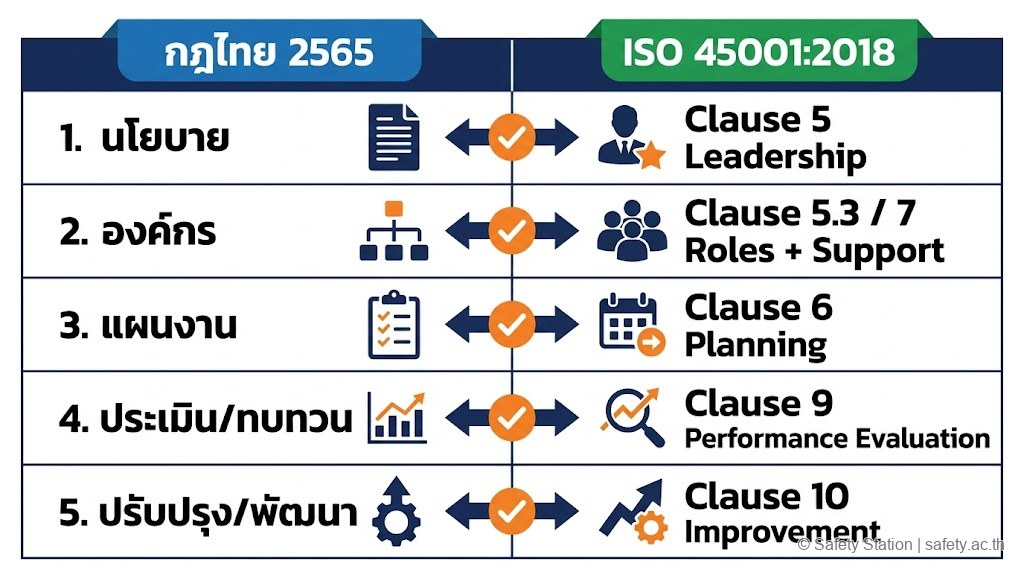 อินโฟกราฟิกตาราง mapping 5 องค์ประกอบกฎไทย 2565 กับ ISO 45001 Clause 4-10 — นโยบาย องค์กร แผนงาน ประเมิน ปรับปรุง