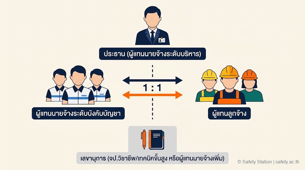 ผังองค์ประกอบสามฝ่ายของ คปอ. — ประธาน ผู้แทนนายจ้างระดับบังคับบัญชา และผู้แทนลูกจ้างสัดส่วนเท่ากัน พร้อมเลขานุการ
