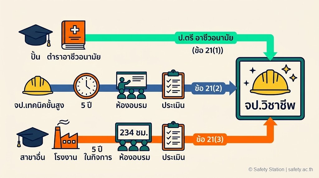 ภาพรวม 3 เส้นทางสู่ จป.วิชาชีพ — ปริญญาตรีอาชีวอนามัย, จป.เทคนิคขั้นสูง 5 ปี, ปริญญาตรีอื่น 5 ปี + อบรม 234 ชม.