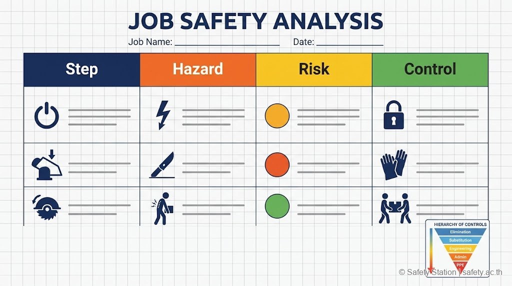 เทมเพลต JSA 4 คอลัมน์ — Step, Hazard, Risk, Control พร้อมไอคอนตัวอย่างและ Hierarchy of Controls legend