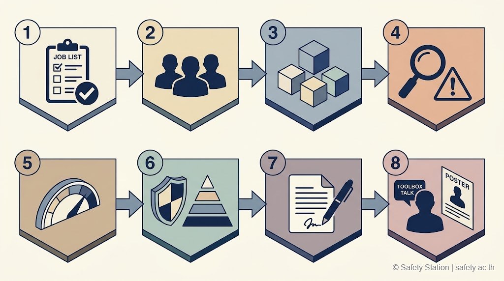 อินโฟกราฟิก isometric 6 ขั้นตอนทำ JSA — Select Job, Form Team, Break Steps, Identify Hazards, Assess Risk, Set Controls