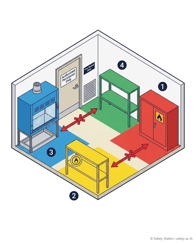 แผนภาพ isometric การแยกเก็บสารเคมีในห้องแล็บเป็น 4 โซน — ตู้สารไวไฟ (แดง), ออกซิไดเซอร์ (เหลือง), ตู้กรด (น้ำเงิน), ด่าง (เขียว) มีลูกศร X แสดงคู่ห้ามเก็บใกล้กัน (กรด-ด่าง, ออกซิไดเซอร์-ไวไฟ) แต่ละโซนมี secondary containment อ้างข้อ 17