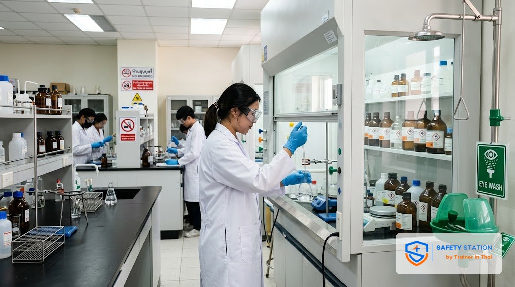 ความปลอดภัยสารเคมีในห้องแล็บโรงเรียนและมหาวิทยาลัย — SDS ฉลาก GHS ตู้ดูดควัน Eyewash