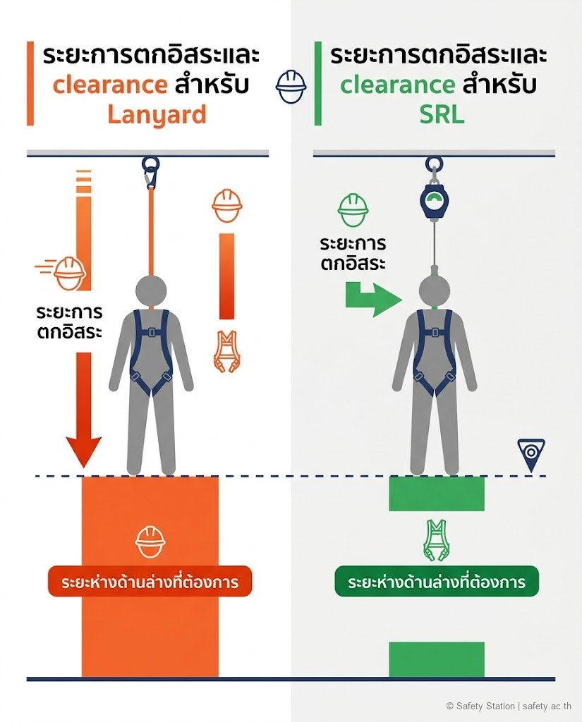 อินโฟกราฟิกเปรียบเทียบ lanyard ที่ยอมให้ระยะตกอิสระยาวและต้องการ clearance ใต้เท้ามาก กับ SRL ที่ล็อกเร็วจำกัดระยะตกอิสระสั้นและต้องการ clearance น้อยกว่า