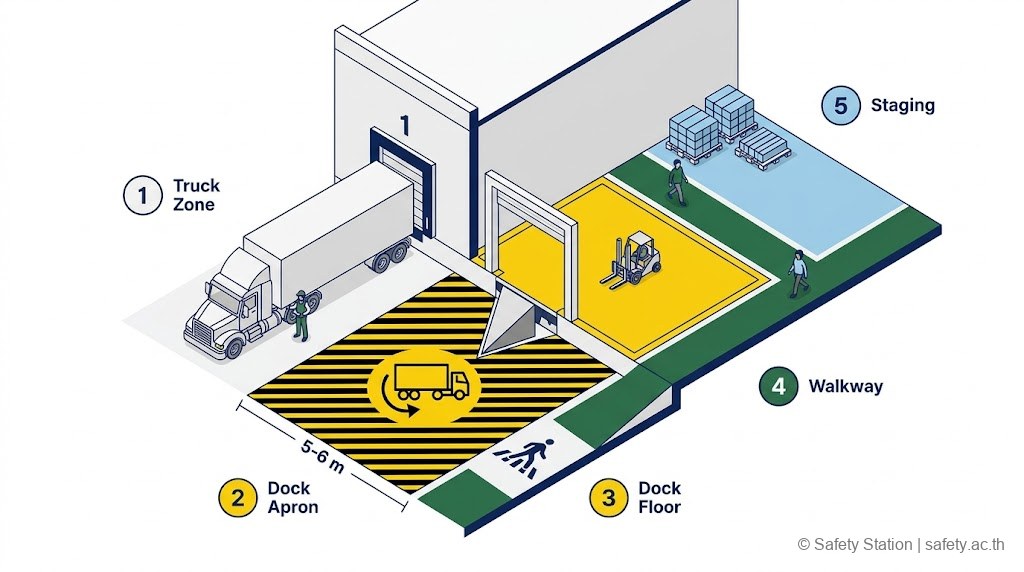 ผัง isometric ของ Loading Dock แบ่ง 5 โซน — Truck Zone · Dock Apron 5-6 ม. · Dock Floor · Pedestrian Walkway · Staging Area พร้อม Dock Leveler เชื่อมระดับรถบรรทุกกับ Dock Floor