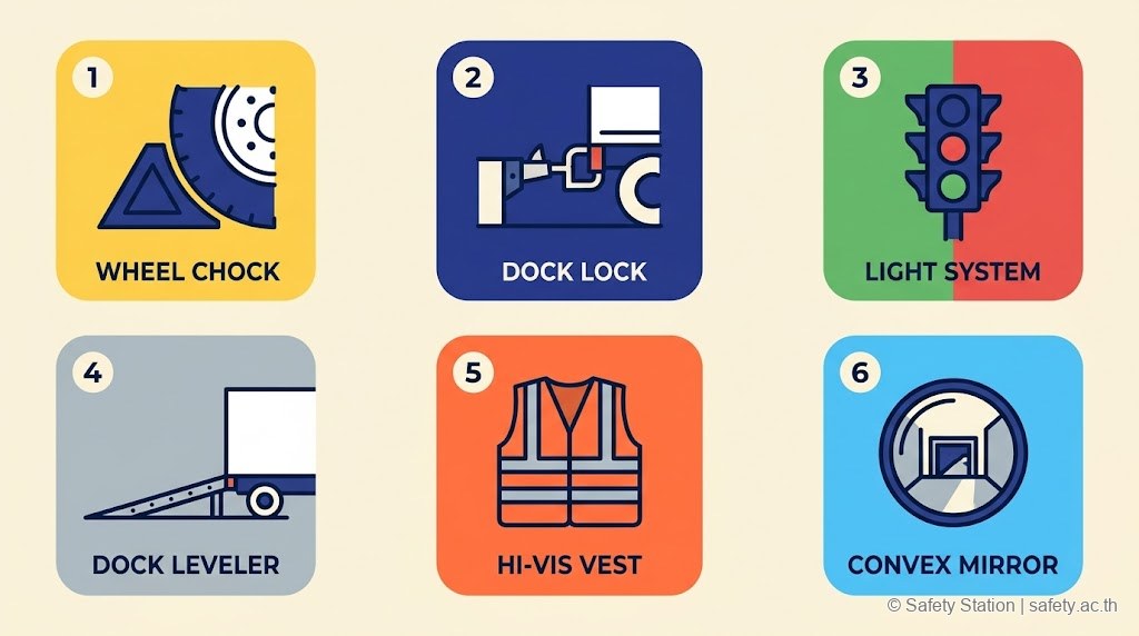 ตารางไอคอน 6 ช่อง อุปกรณ์มาตรฐานของ Loading Dock — Wheel Chock · Dock Lock · Light System สีเขียว-แดง · Dock Leveler · Hi-Vis Vest · Convex Mirror
