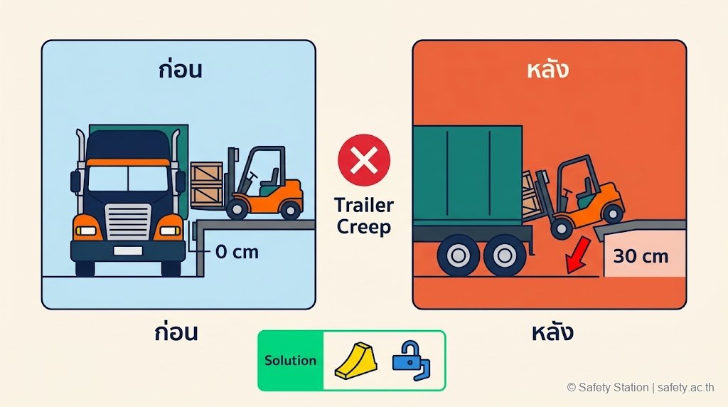 ภาพประกอบ 2 frame อธิบาย Trailer Creep — frame ซ้าย รถบรรทุกแนบ Dock 0 cm Forklift ขนของได้ปกติ · frame ขวา รถบรรทุกเลื่อนถอย 30 cm Forklift ล้อหน้าตกในช่องว่าง · ทางแก้คือ Wheel Chock และ Dock Lock