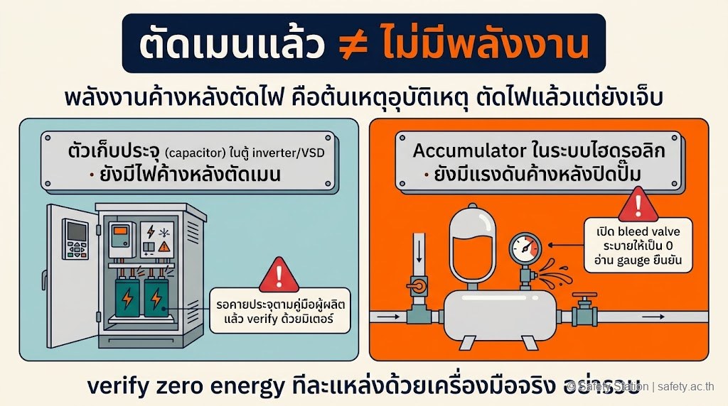 ภาพประกอบ flat 2 เคส stored energy ที่ลืมบ่อยใน LOTO หลังตัดเมน — ตัวเก็บประจุ capacitor ในตู้ inverter/VSD ที่ยังมีไฟค้าง และ accumulator ไฮดรอลิกที่ยังมีแรงดันค้าง พร้อมคำเตือนให้ verify zero energy ทีละแหล่งด้วยเครื่องมือจริง