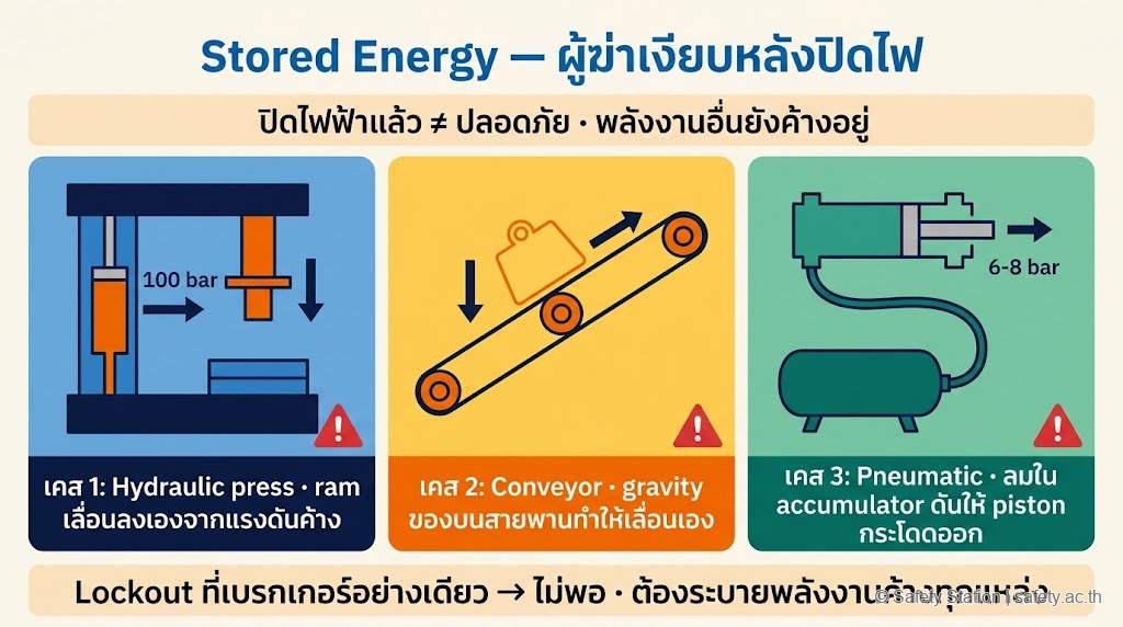 ภาพประกอบ flat 3 เคส stored energy ที่ลืมบ่อยใน LOTO — 1 Hydraulic press (ram เลื่อนลงจากแรงดัน 100 bar ค้าง) 2 Belt conveyor (gravity ของบนสายพาน) 3 Pneumatic cylinder (ลม 6-8 bar ใน accumulator ดัน piston) พร้อมคำเตือนว่าปิดไฟฟ้าอย่างเดียวไม่พอ