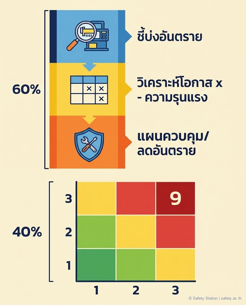 อินโฟกราฟิก 4:5 แสดง 3 ขั้นตอนประเมินอันตรายตามประกาศ 2567 — ชี้บ่งอันตราย วิเคราะห์โอกาสคูณความรุนแรง และทำแผนควบคุม พร้อมตารางความเสี่ยง 3x3 ไล่สีเขียว-เหลือง-แดง คะแนนสูงสุด 9