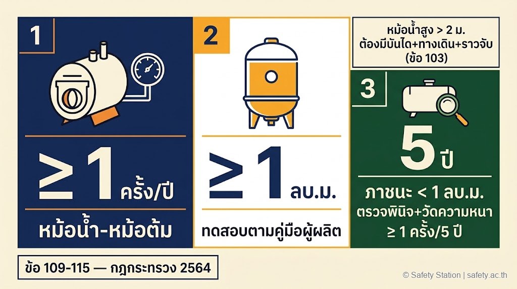 อินโฟกราฟิกรอบทดสอบหม้อน้ำและภาชนะรับความดันตามข้อ 109-115 — หม้อน้ำ-หม้อต้มทดสอบอย่างน้อย 1 ครั้ง/ปี, ภาชนะรับความดัน ≥ 1 ลบ.ม. ตามคู่มือผู้ผลิต, ภาชนะ < 1 ลบ.ม. ตรวจพินิจ+วัดความหนา 1 ครั้ง/5 ปี