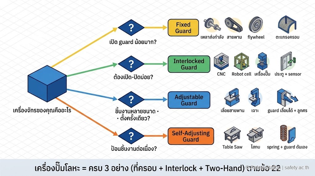 แผนภาพ isometric Decision Tree เลือก Machine Guard — เปิดน้อย=Fixed, เปิดบ่อย=Interlocked, ชิ้นงานหลายขนาดตั้งครั้งเดียว=Adjustable, ป้อนต่อเนื่อง=Self-Adjusting พร้อมหมายเหตุว่าเครื่องปั๊มโลหะต้องครบ 3 อย่างตามข้อ 22 ของกฎกระทรวง 2564