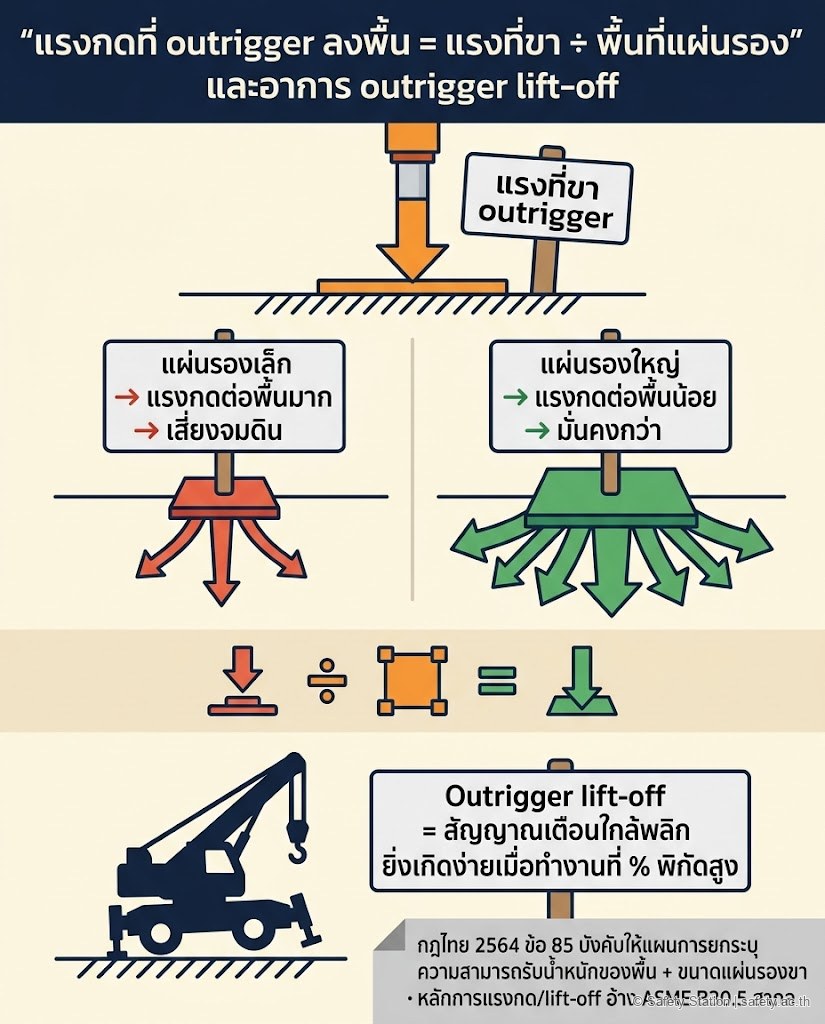 อินโฟกราฟิกแรงกดที่ outrigger ลงพื้นเท่ากับแรงที่ขาหารด้วยพื้นที่แผ่นรอง — แผ่นรองเล็กแรงกดมากเสี่ยงจมดิน แผ่นรองใหญ่แรงกดน้อยมั่นคงกว่า และอาการ outrigger lift-off เป็นสัญญาณเตือนใกล้พลิกที่เกิดง่ายเมื่อทำงานที่เปอร์เซ็นต์พิกัดสูง โยงกฎไทย 2564 ข้อ 85 ที่บังคับให้แผนการยกระบุความสามารถรับน้ำหนักพื้นและขนาดแผ่นรองขา