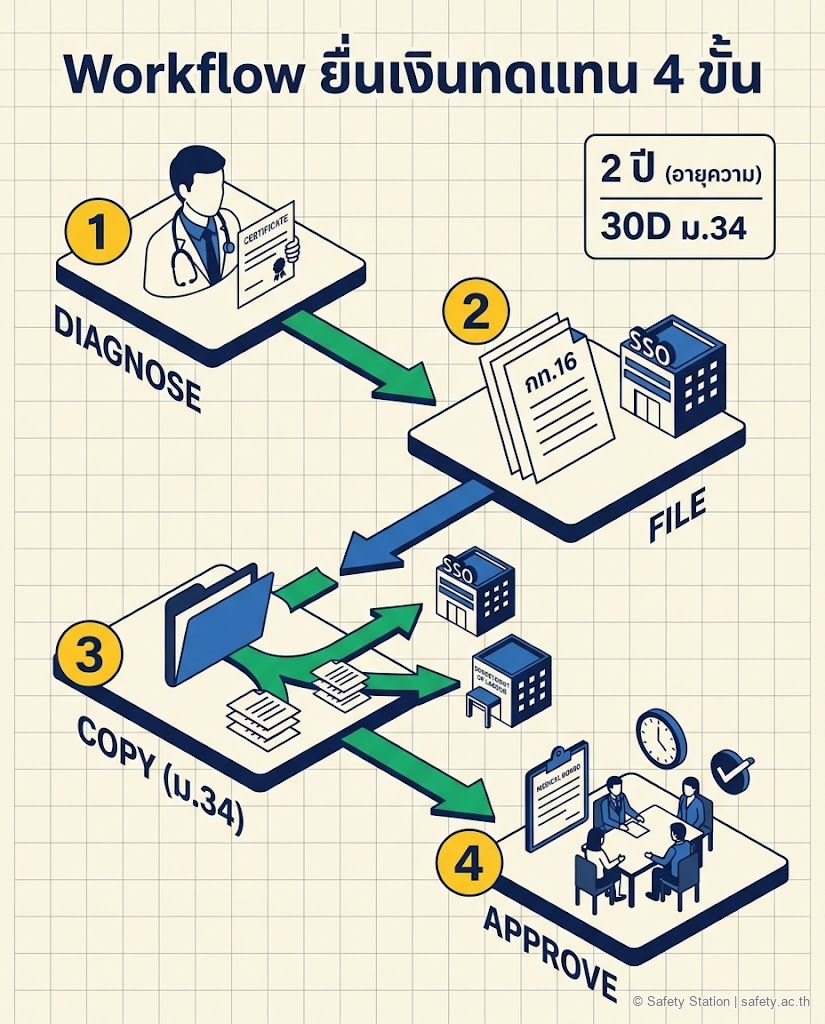 ไอโซเมตริก workflow ยื่นเงินทดแทน 4 ขั้น — Diagnose (แพทย์อาชีวเวชศาสตร์), File กท.16 ที่ประกันสังคม, Copy ส่งสำเนาให้พนักงานตรวจความปลอดภัย (ม.34), Approve รอผลพิจารณา · อายุความ 2 ปี · แจ้งใน 30 วัน