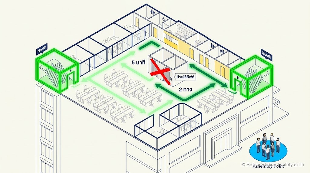 ผังชั้นออฟฟิศแบบ isometric แสดงเส้นทางหนีไฟ 2 ทิศจากกลุ่มโต๊ะทำงานไปยังบันไดหนีไฟ 2 บันไดคนละมุม พร้อมเครื่องหมายห้ามใช้ลิฟต์และ Assembly Point ด้านล่าง