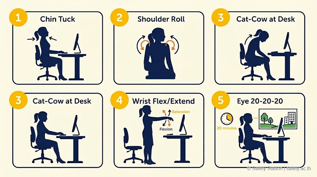 อินโฟกราฟิก icon-set 5 ท่ายืดที่ทำได้ในออฟฟิศ — Chin Tuck, Shoulder Roll, Cat-Cow, Wrist Flex/Extend, Eye 20-20-20