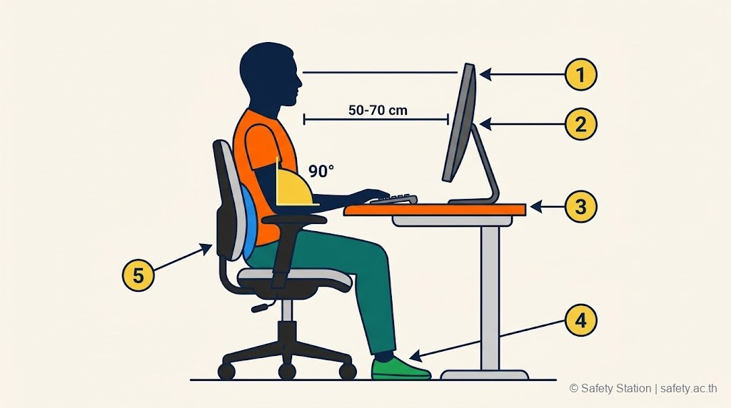 อินโฟกราฟิก flat-style แสดง 5 จุด workstation ergonomic — ระดับตา, ระยะจอ 50-70 ซม., แขน 90 องศา, เท้าราบ, ก้นชิดพนัก