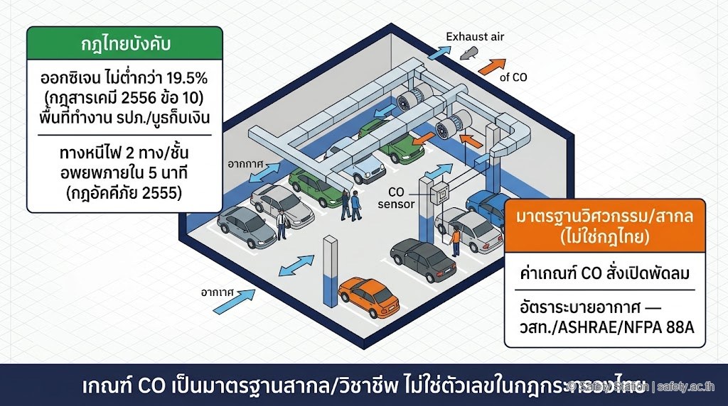 แผนภาพ isometric ระบบระบายอากาศอาคารจอดรถใต้ดิน — พัดลม jet fan และ CO sensor สั่งพัดลม แยกชัดว่าเส้นที่กฎไทยบังคับคือออกซิเจนไม่ต่ำกว่า 19.5% (กฎสารเคมี 2556) และทางหนีไฟ 2 ทาง/5 นาที (กฎอัคคีภัย 2555) ส่วนเกณฑ์ CO ppm และอัตราระบายอากาศเป็นมาตรฐานวิศวกรรม/สากล ไม่ใช่กฎไทย