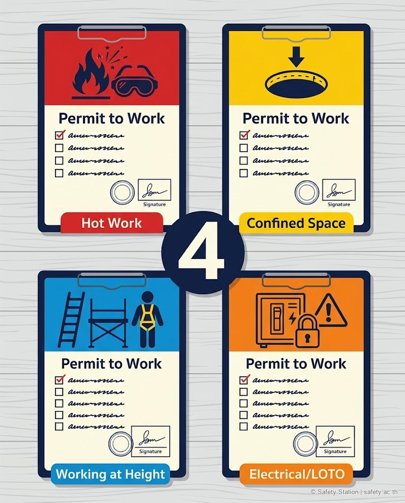 อินโฟกราฟิก 4:5 จำลองใบ Permit to Work 4 ประเภทขนาด A4 จัดเรียง 2x2 — Hot Work แดง, Confined Space เหลือง, Working at Height ฟ้า, Electrical/LOTO ส้ม