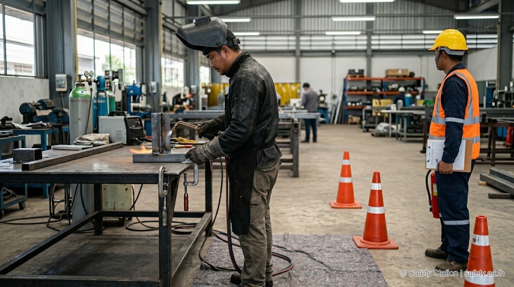 ช่างเชื่อมไทยสวม welding hood เตรียมงานเชื่อมโลหะที่ workbench พร้อม fire watch สวมหมวกเหลืองยืนเฝ้าถือถังดับเพลิง บรรยากาศควบคุมตาม Hot Work Permit
