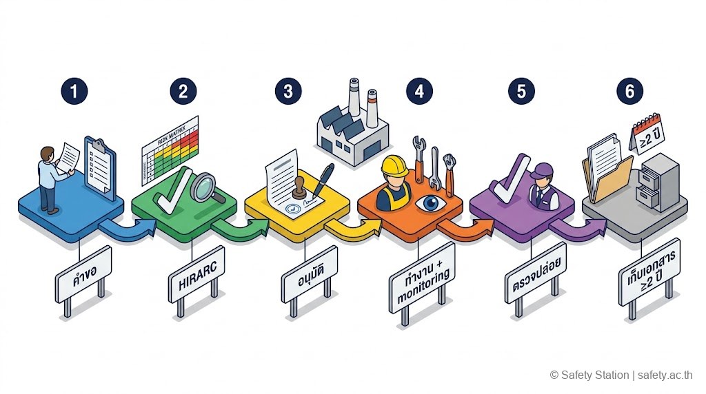แผนภาพ isometric flow 6 ขั้นของ Permit to Work — คำขอ, HIRARC, อนุมัติ, ทำงาน, ตรวจปล่อย, เก็บเอกสาร 2 ปี โดยขั้นที่ 5 เน้นด้วยกรอบสีเขียว