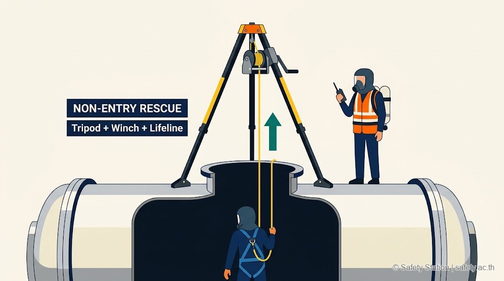 ภาพประกอบ Non-Entry Rescue ที่ Manhole ของ vessel — Tripod ตั้งครอบ Manhole + Winch ดึง Lifeline เข้าหา Harness ของผู้ปฏิบัติงานในถัง · Standby man ใส่ Supplied Air พร้อมใช้ ถือ Radio รอข้างนอก