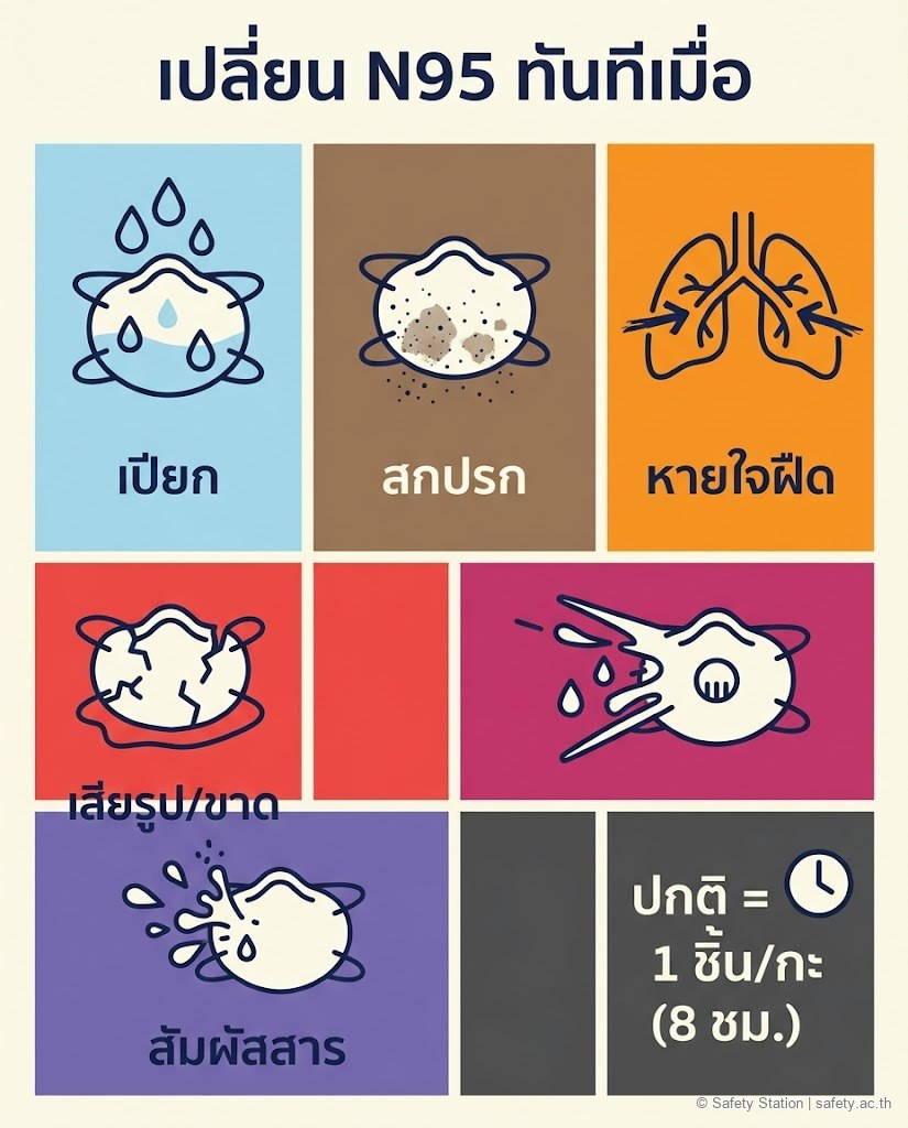 ชุดไอคอน 5 เกณฑ์เปลี่ยน N95 ทันที — เปียก / สกปรก / หายใจฝืด / เสียรูป / สัมผัสสาร พร้อมสรุปการใช้ปกติ 1 ชิ้นต่อกะ 8 ชั่วโมง
