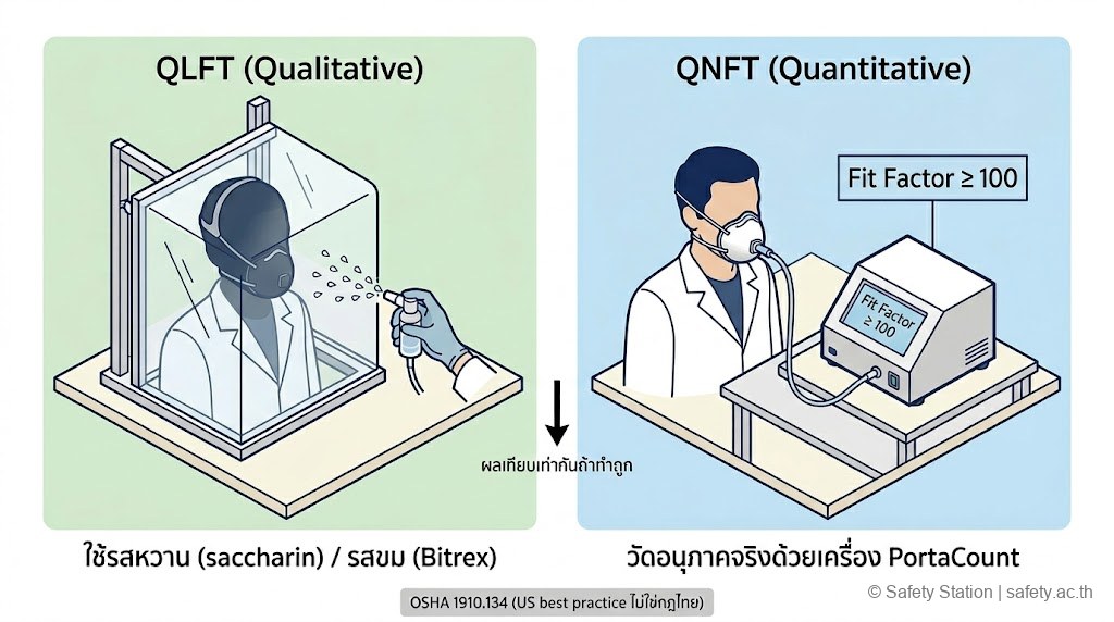 แผนภาพ isometric เปรียบเทียบ Fit Test 2 แบบ — ซ้าย QLFT ใช้กระโจมและสเปรย์ saccharin/Bitrex / ขวา QNFT ใช้เครื่องวัดอนุภาค PortaCount วัด Fit Factor อ้างอิง OSHA 1910.134