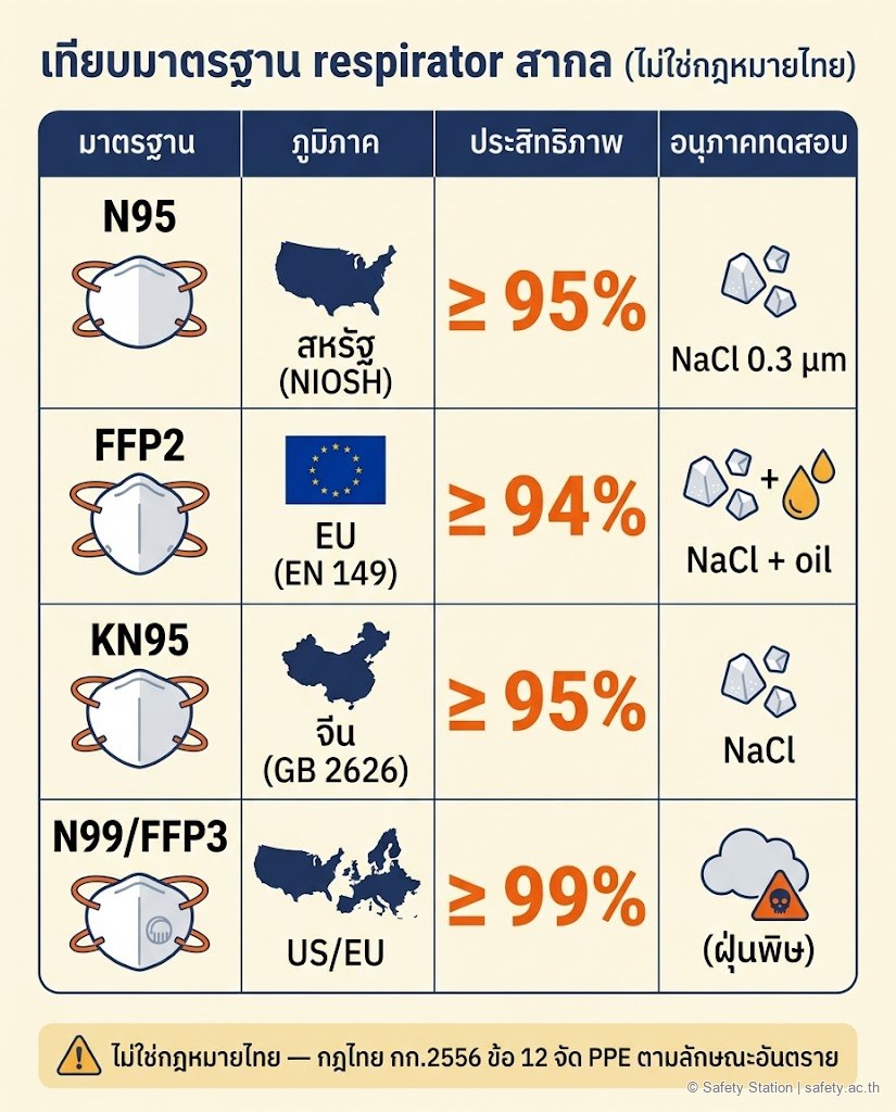 ตารางเปรียบเทียบมาตรฐาน respirator สากล N95 (NIOSH สหรัฐ) / FFP2 (EN 149 EU) / KN95 (GB 2626 จีน) / N99/FFP3 — ระบุชัดว่าไม่ใช่กฎหมายไทย แต่กฎไทย 2556 ข้อ 12 บังคับให้จัด PPE ตามอันตราย