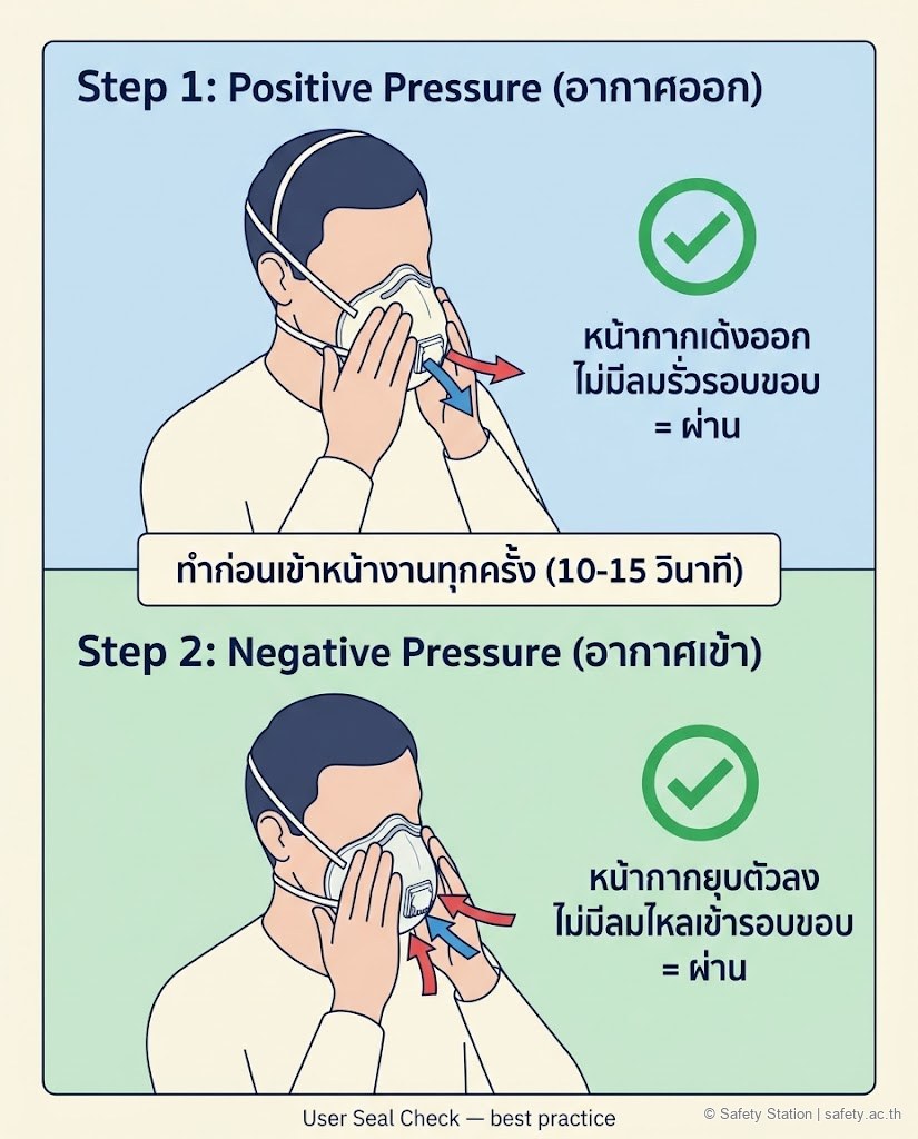 แผนภาพ isometric User Seal Check 2 ขั้น — Positive Pressure เป่าลมออกตรวจรั่ว / Negative Pressure หายใจเข้าตรวจหน้ากากยุบ ทำก่อนเข้าหน้างาน 10-15 วินาที