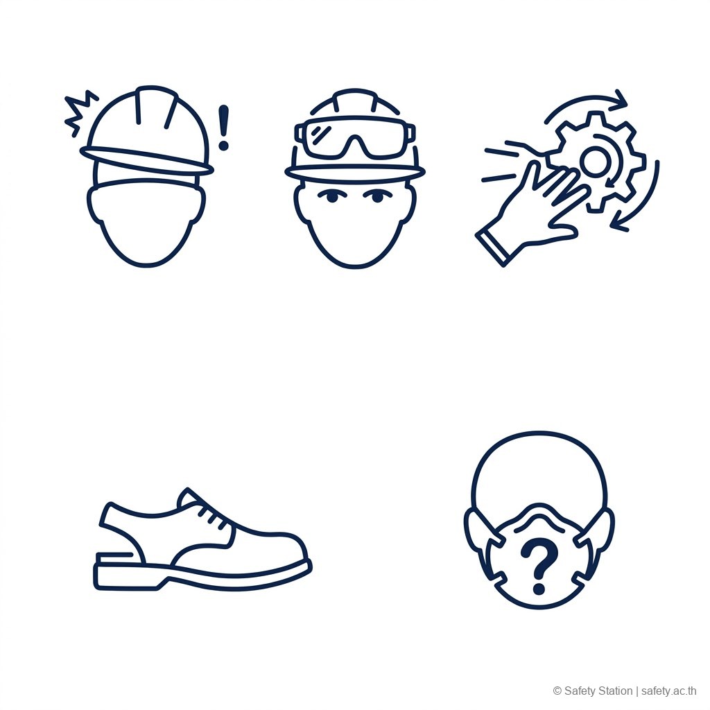 ภาพรวม 5 ข้อผิดพลาดในการใส่ PPE ที่มือใหม่ทำบ่อย หมวก แว่น ถุงมือ รองเท้า และเครื่องช่วยหายใจ