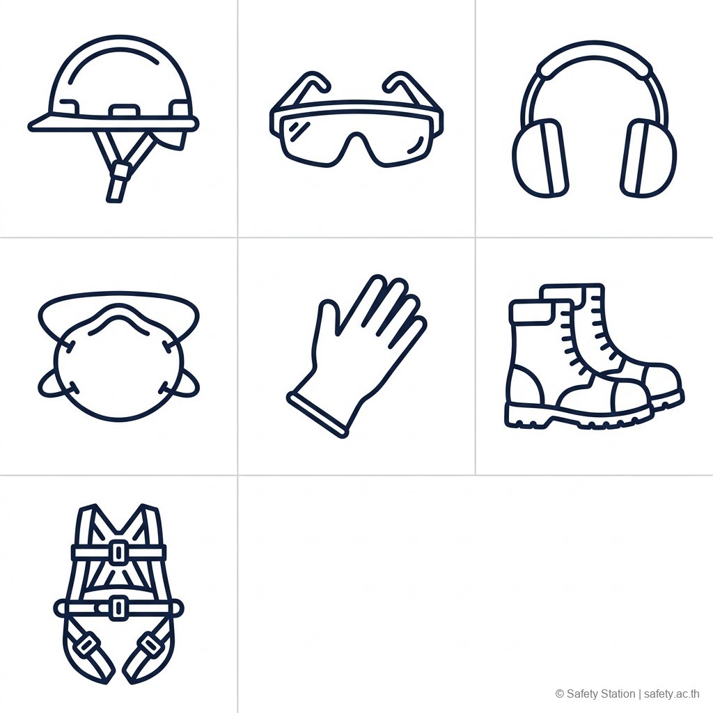 7 หมวด PPE: ศีรษะ ตา หู การหายใจ มือ เท้า การตก
