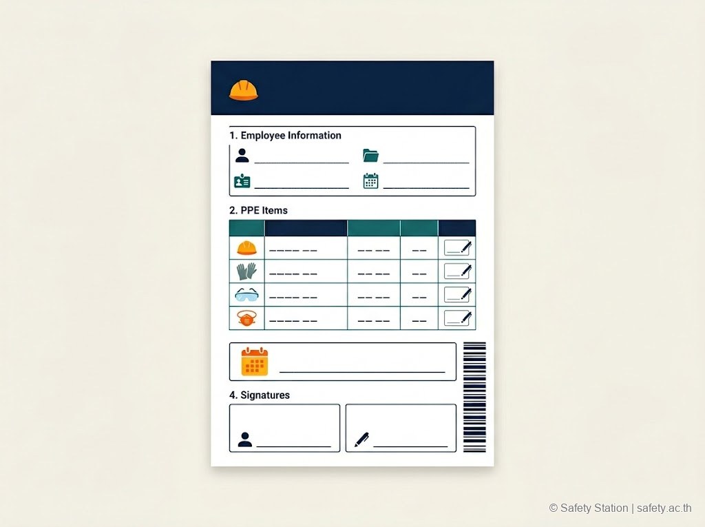 Mockup flat illustration ใบเบิก PPE — ข้อมูลผู้เบิก ตารางรายการ PPE 4 column วันที่ครั้งต่อไป barcode strip และช่องลายเซ็นผู้เบิก/ผู้จ่าย
