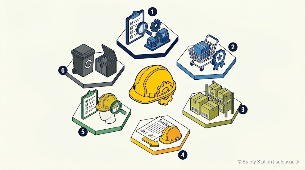 ไอโซเมตริก cycle 6 ขั้น lifecycle ของ PPE ในระบบ inventory — ระบุ requirement HIRARC จัดซื้อ รับเข้าสต๊อก จ่ายให้พนักงาน ใช้+ตรวจประจำวัน และทิ้ง/ส่งคืน วนรอบ PPE หลัก