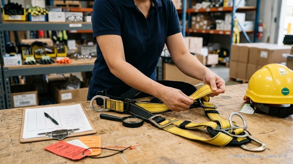 ภาพ close-up การตรวจ harness นิรภัยบนโต๊ะคลัง PPE — มือผู้ตรวจพลิก webbing ดูรอยขาดด้วยแว่นขยาย ข้างกันมี clipboard tracking sheet หมวกที่ตรวจเสร็จติดสติกเกอร์เขียว และปากกา tag