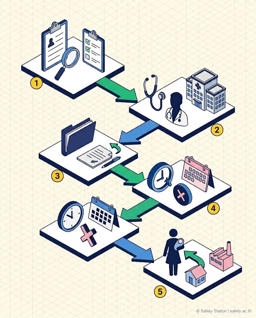 ไอโซเมตริก workflow 5 ขั้นตอนสำหรับ HR เมื่อลูกจ้างแจ้งตั้งครรภ์ — ตรวจ JHA, ส่งตรวจอาชีวเวชศาสตร์, ทบทวน JD, ปรับเวลาทำงาน, Return-to-Work plan