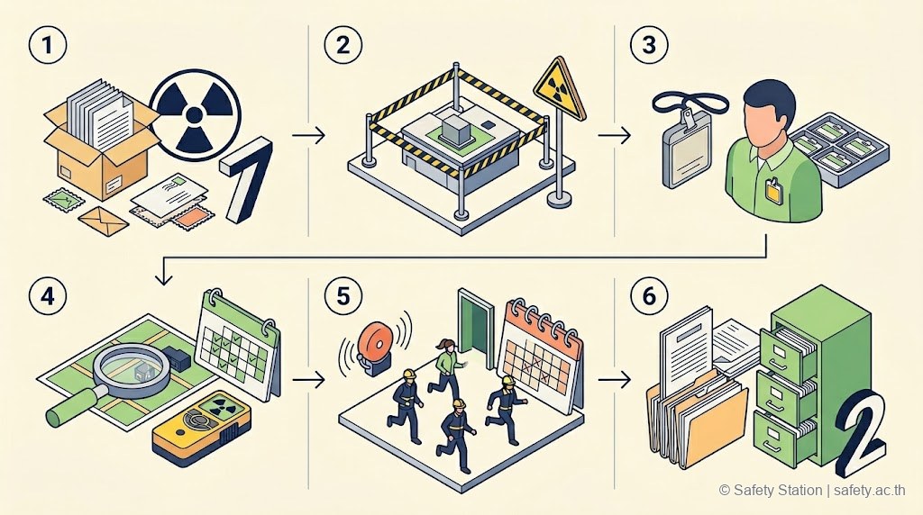 ภาพ isometric แสดงหน้าที่ 6 ขั้นของนายจ้างเรื่องรังสี — แจ้งภายใน 7 วัน กำหนดพื้นที่ควบคุม จัด dosimeter ประเมินอันตราย ฝึกซ้อมแผนฉุกเฉิน เก็บบันทึก 2 ปี