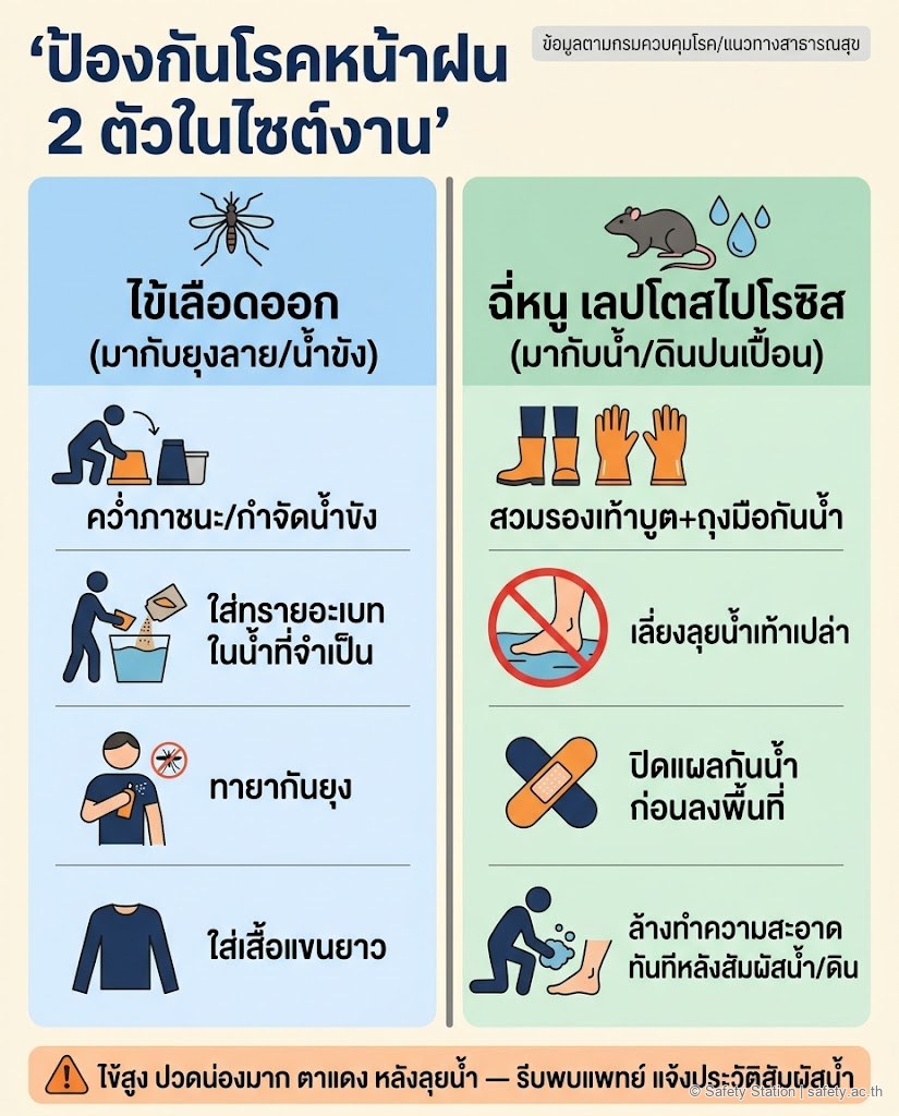 อินโฟกราฟิกแนวตั้งเปรียบเทียบการป้องกันโรคหน้าฝน 2 โรคในไซต์งาน — ฝั่งไข้เลือดออก (กำจัดน้ำขัง ทายากันยุง แขนยาว) และฝั่งฉี่หนูเลปโต (รองเท้าบูต ถุงมือกันน้ำ ปิดแผล ล้างตัวหลังสัมผัสน้ำ) พร้อมแถบเตือนอาการที่ต้องพบแพทย์